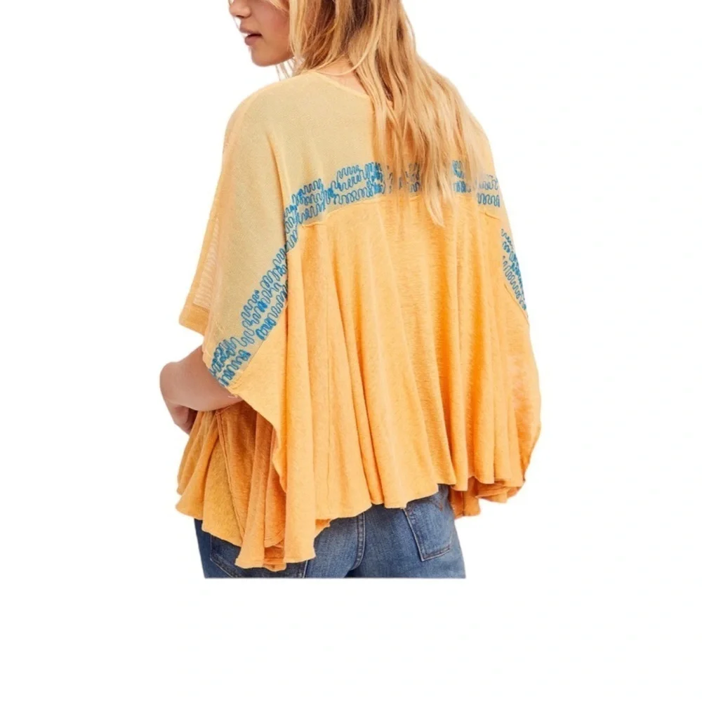 FREE PEOPLE Love Letter Embroidered Poncho Tee in Tangerine Yellow Size S — FUN! - Picture 4 of 12